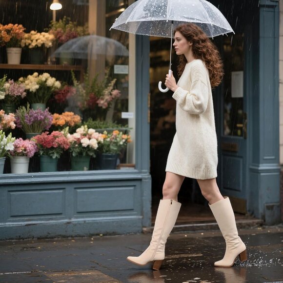 Womens Suede Beige Side Zipper Knee High Pointed Toe Chunky Heel Tall Boots - Picture 4 of 6